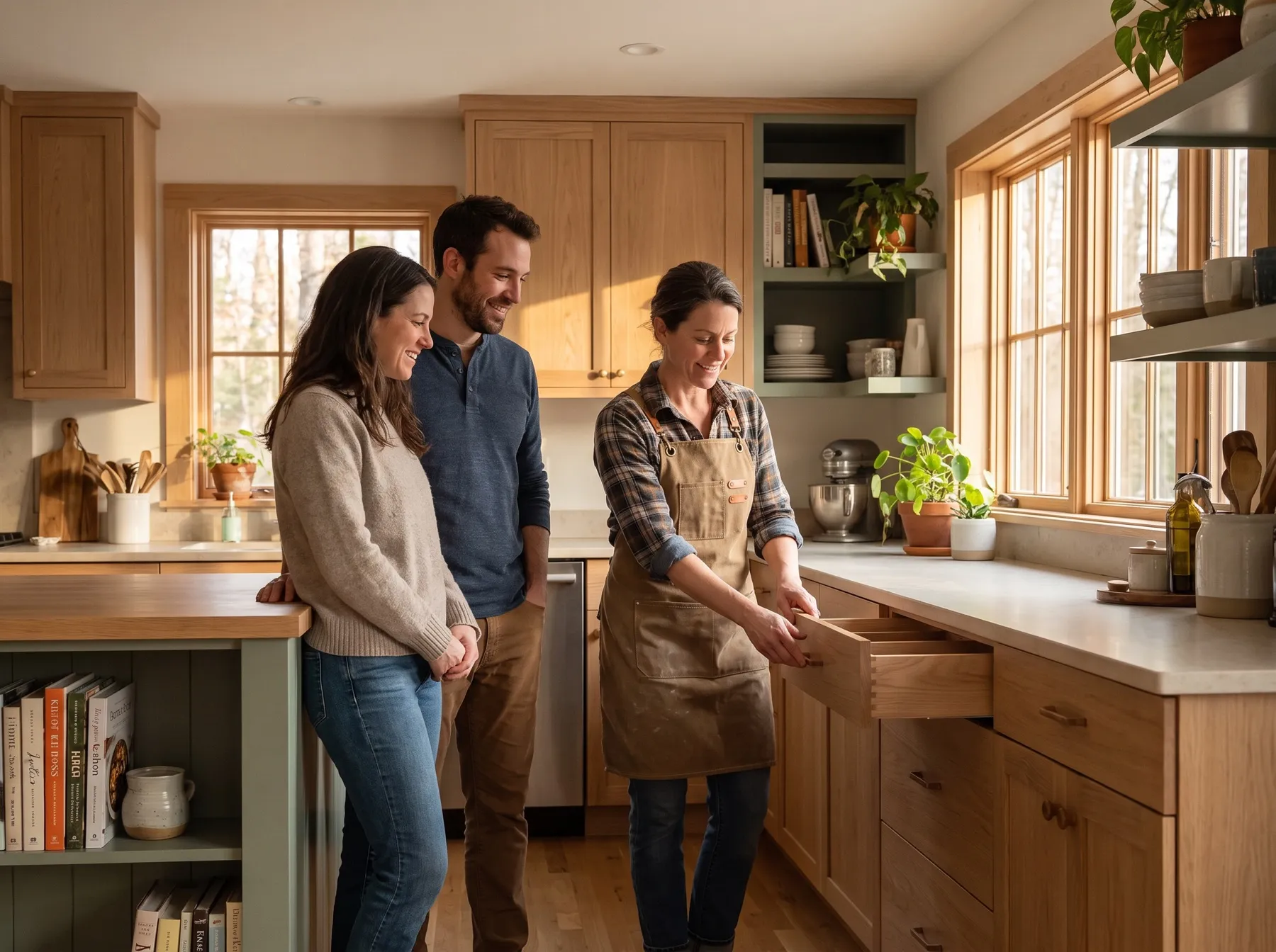Illustrative photo: A cabinetmaker walking a couple through their finished white oak kitchen.