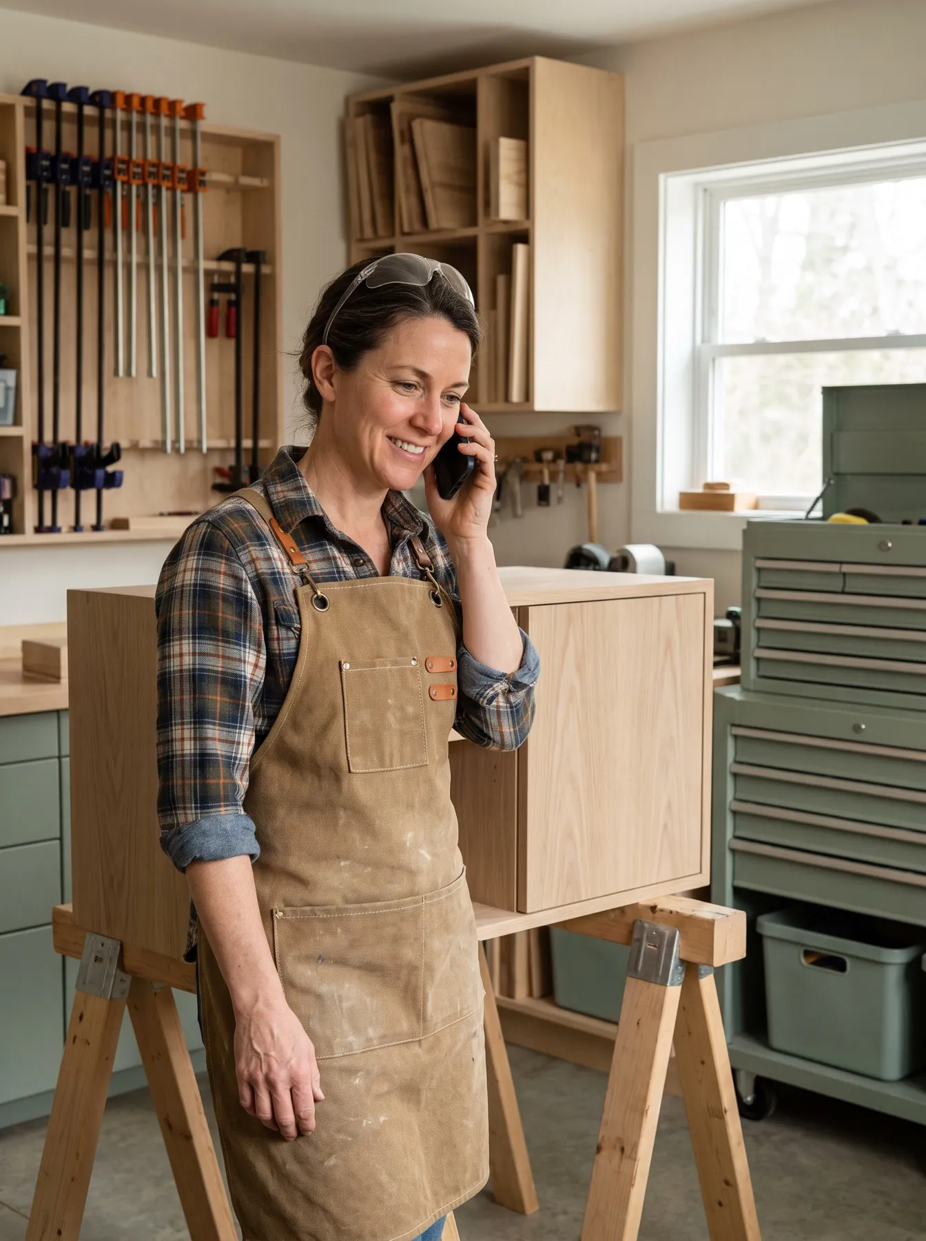 Illustrative photo: A cabinetmaker in her woodshop answering a call beside a finished cabinet.
