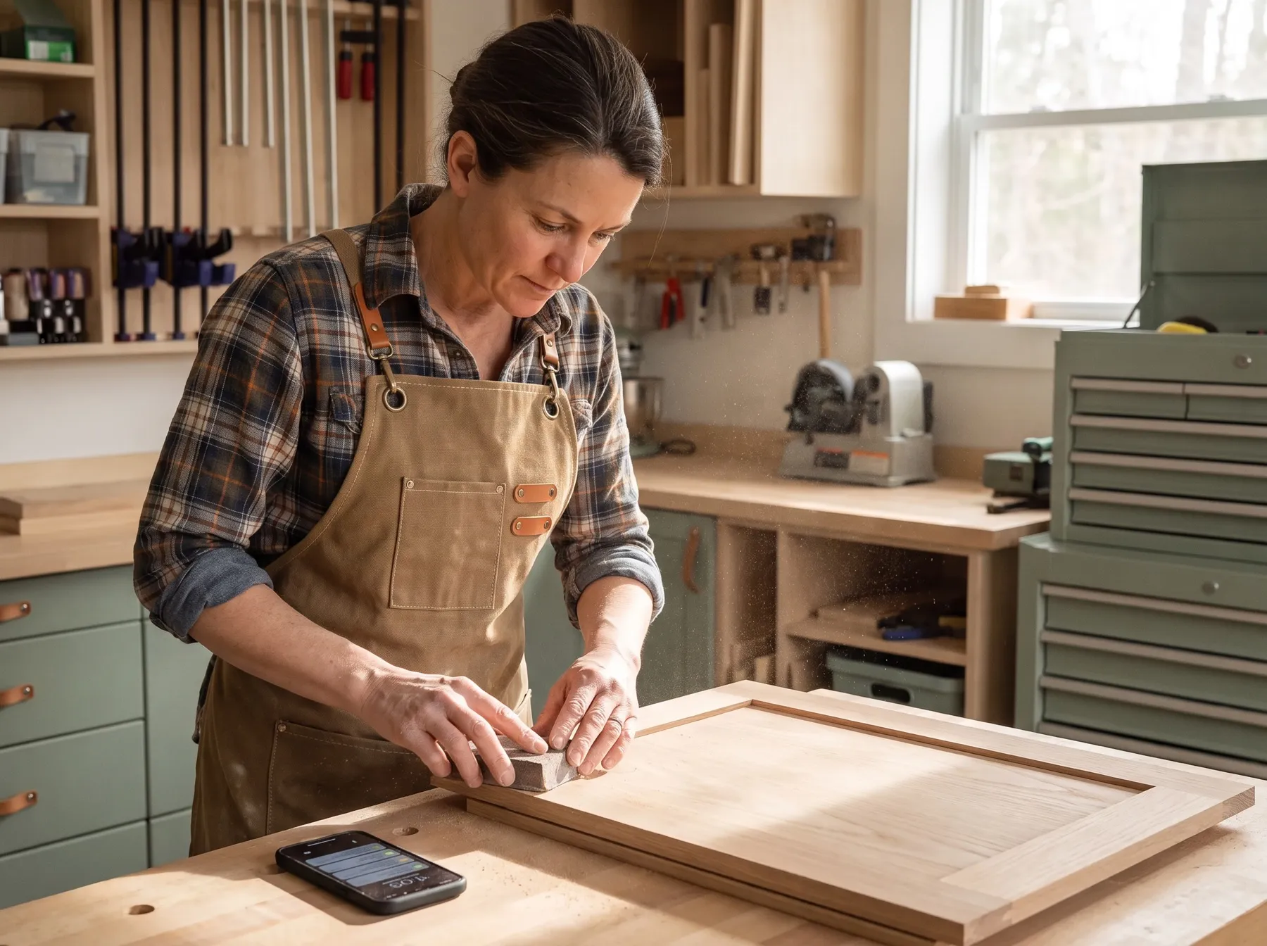 Illustrative photo: A cabinetmaker sanding a cabinet door in her shop while her phone lights up on the bench.